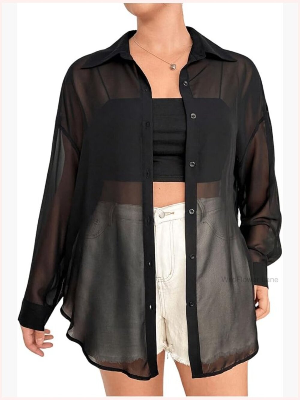 Plus Size Mesh See Through Long Sleeve Button Down Blouse Top